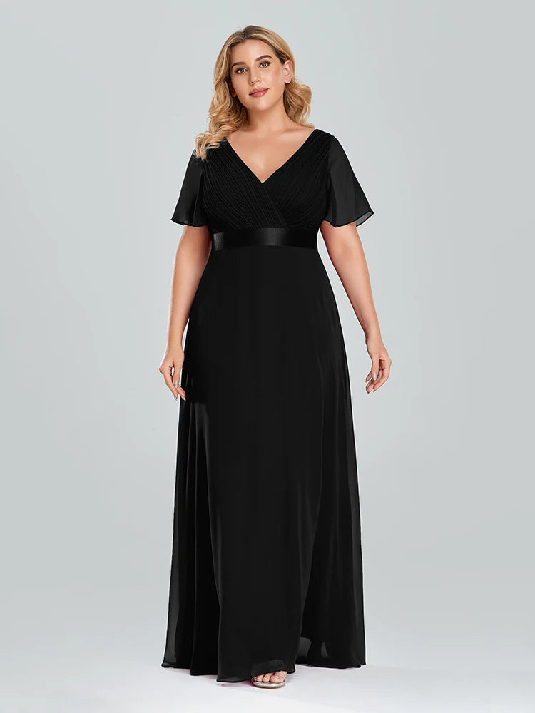 Plus Size Evening Dresses Long XUCTHHC Elegant A Line V Neck Ruffles Chiffon Formal Wedding Party Dress Robe De Soiree 2021