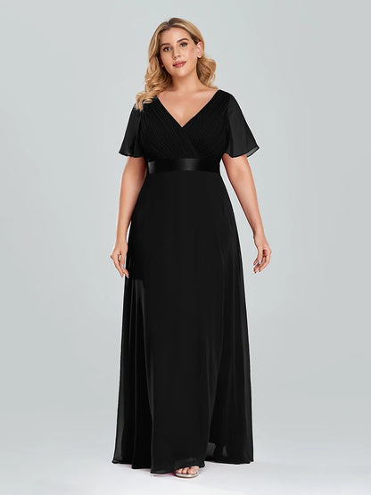 Plus Size Evening Dresses Long XUCTHHC Elegant A Line V Neck Ruffles Chiffon Formal Wedding Party Dress Robe De Soiree 2021