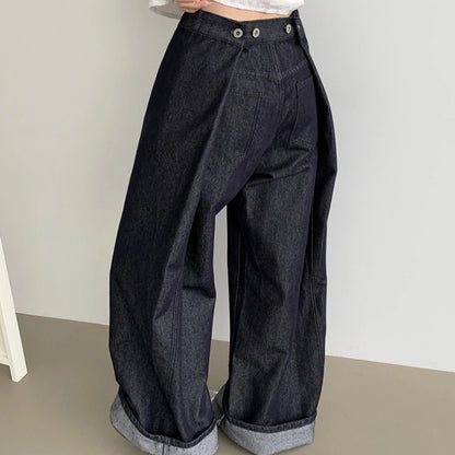 Waist Buckle Jeans Women Stylish High Waist Wide Leg BF Jeans Black Pants Loose Casual Denim Pants