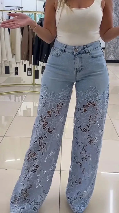 Fashion Elegant Jeans for Women High Waist Lace Patchwork Pantalones Hollow Out Oversized Spring Casual Loose All Match Pants