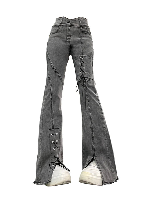 Women's Y2k Flare Jeans Baggy Trashy Aesthetic Lace-up Denim Trousers Harajuku Jean Pants Vintage Japanese 2000s Style Clothes