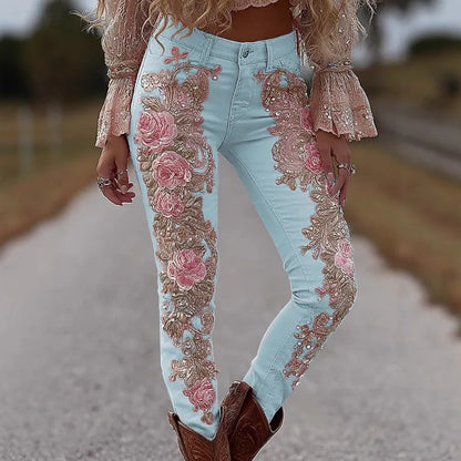 Women's Fashion Casual 3D Floral Print Straight Jeans Denim Bottoms
