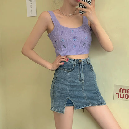 HELIAR Women Flower Embroidery Knitted Crop Tops Women Casual Tube Tops Casual Ribbed Cute Tops Crop Tops Women 2024 Summer