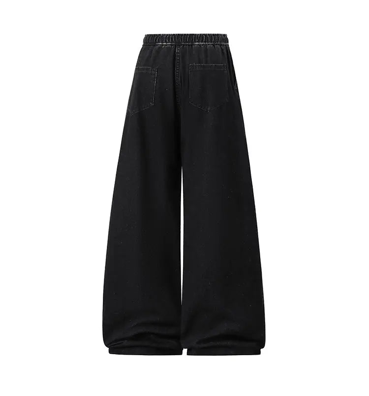 2025 New Elastic Waist Drawstring Solid Color Loose Fit Wide Leg Jeans Wide Leg Trendy High Waist Denim Pants for Men Women 3XL