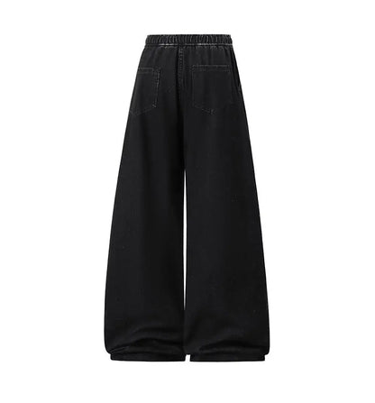 2025 New Elastic Waist Drawstring Solid Color Loose Fit Wide Leg Jeans Wide Leg Trendy High Waist Denim Pants for Men Women 3XL