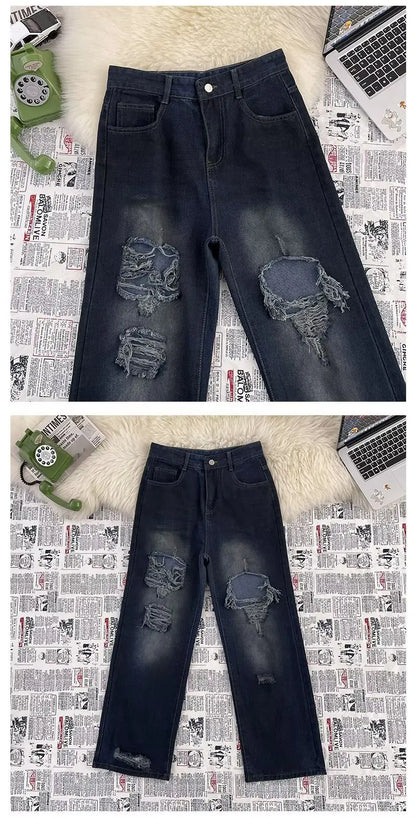 High Street Trendy Ripped Wide Leg Jeans for Women in Spring and Summer New High Waist Loose Fashion Floor Pants y2k Jeans Woman