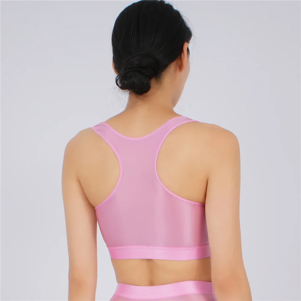 Women's Yoga Fitness Tops Sexy Candy Color UltraShort Crop Fashion Vest V Neck Oil Glossy Silky Smooth Elastic Tight Tanks Tees