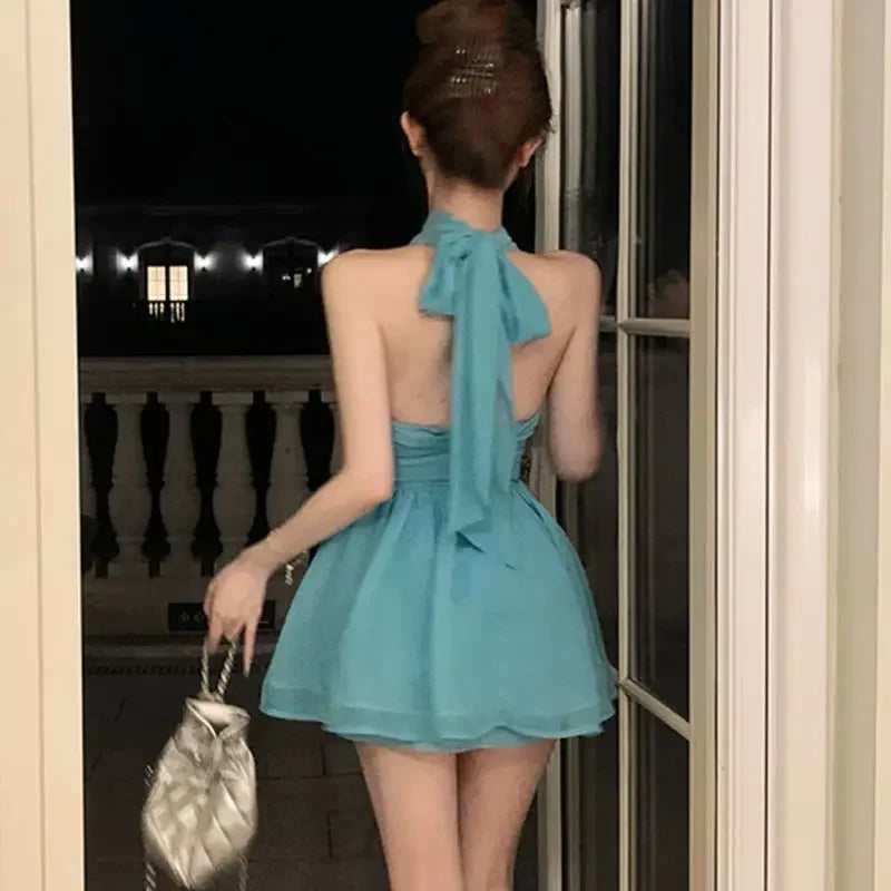 Women Sexy Halter Mini Dress Elegant A-line Puffy Hem Slim Fit Backless Ruffle Sleeveless Summer Party Vacation Wedding Outfit