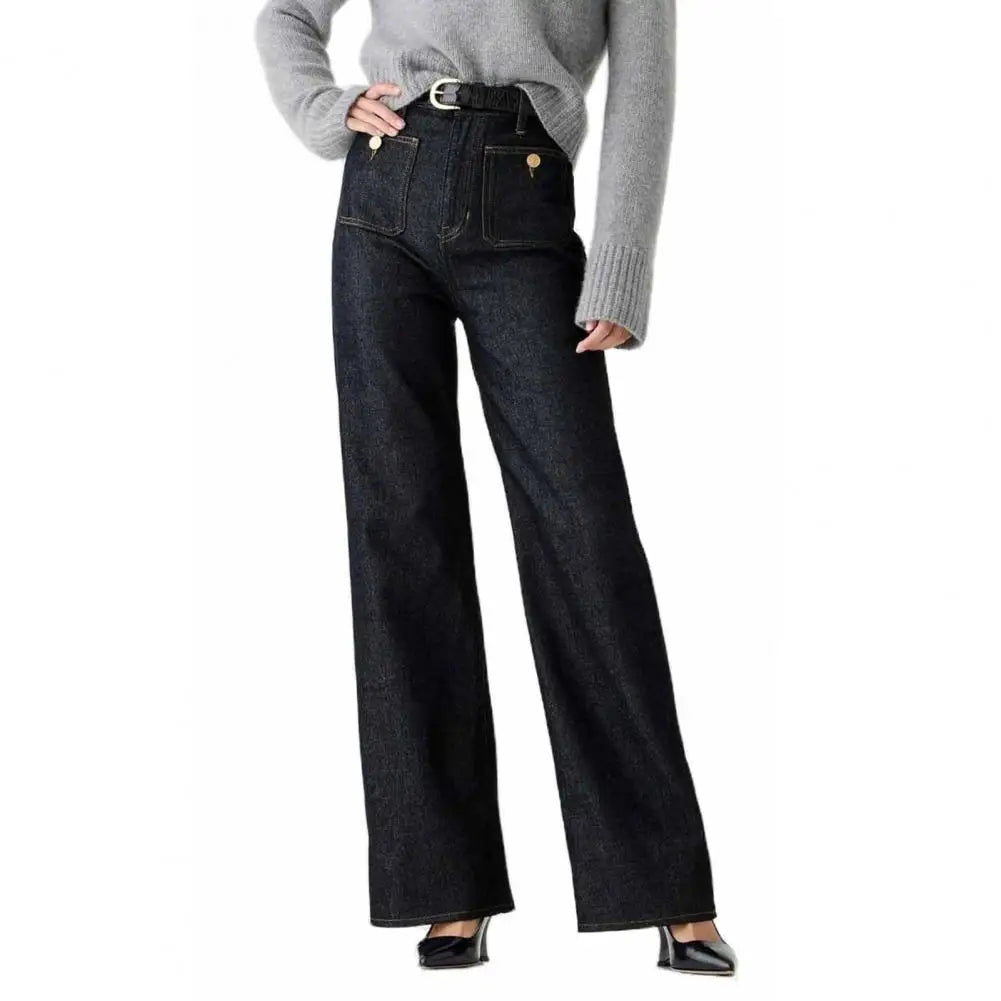 2025 Women Winter Jeans High Waist Button Zipper Loose Fit Pockets Straight Wide Leg Streetwear Pants Daily Wear Long Trousers