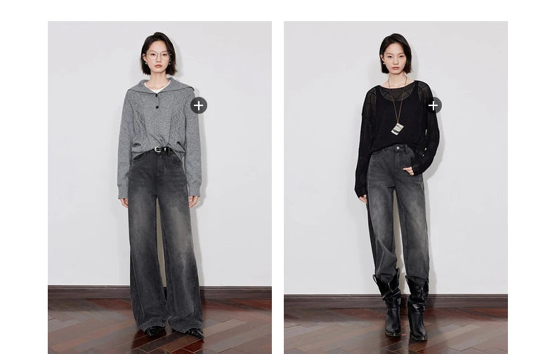 TOYOUTH Women Denim Jeans 2024 Autumn Winter New Mide Waist Straight Wide Leg Long Pants