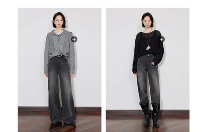 TOYOUTH Women Denim Jeans 2024 Autumn Winter New Mide Waist Straight Wide Leg Long Pants