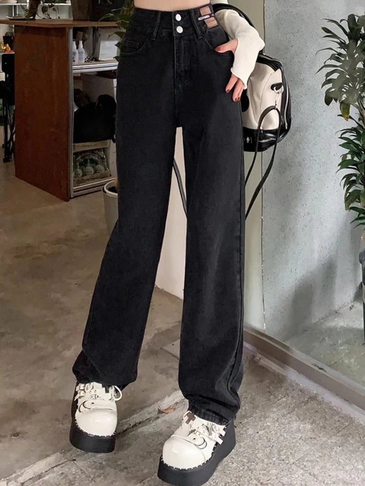 Female High Waist Wide Leg Jeans Women Y2k Denim Straight Leg Pants Girls Smoke Gray Retro Blue Light Blue Water Gray Trousers