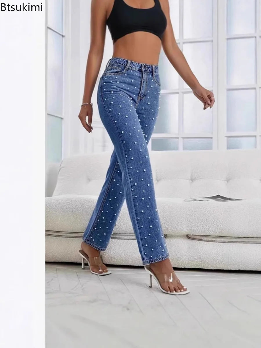 New 2026 Women's Jeans Pants Beading High Waist Casual Straight Pants for Women Streetwear Elegant Splice Denim Female Trousers