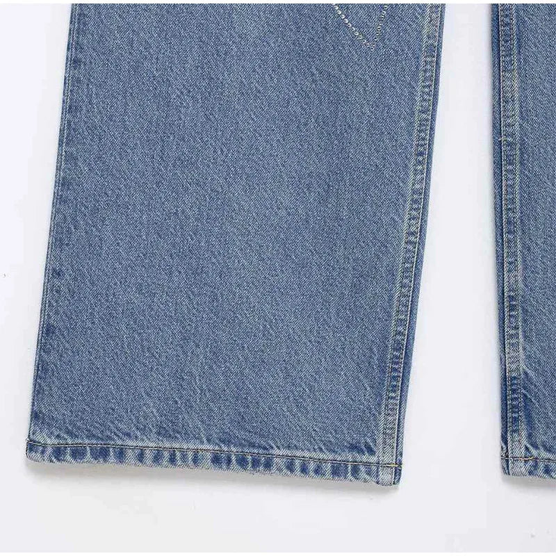 2025 Women Diamonds Denim Jeans Solid Loose Straight Long Pants Woman Casual High Waisted Pockets Streetwear Baggy Trousers