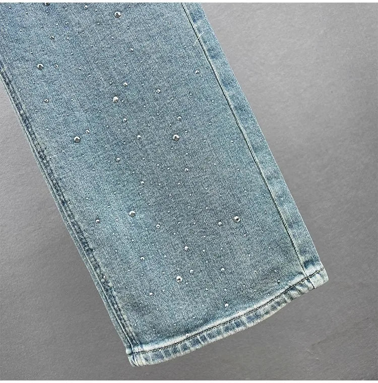 Fashion Women Blue Jeans High Waist Diamond Studded Straight Denim Pants Spring Summer Female Chic Trousers