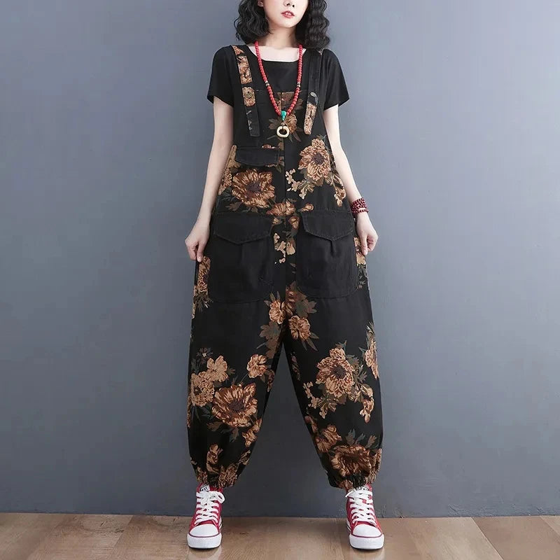 Women's Nine Split Jeans Overalls, Casual Female Print Jumpsuit, Loose Bloomers, Oversized Rompers, Suspenders, Fashion, Spring,