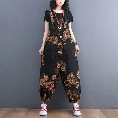 Women's Nine Split Jeans Overalls, Casual Female Print Jumpsuit, Loose Bloomers, Oversized Rompers, Suspenders, Fashion, Spring,