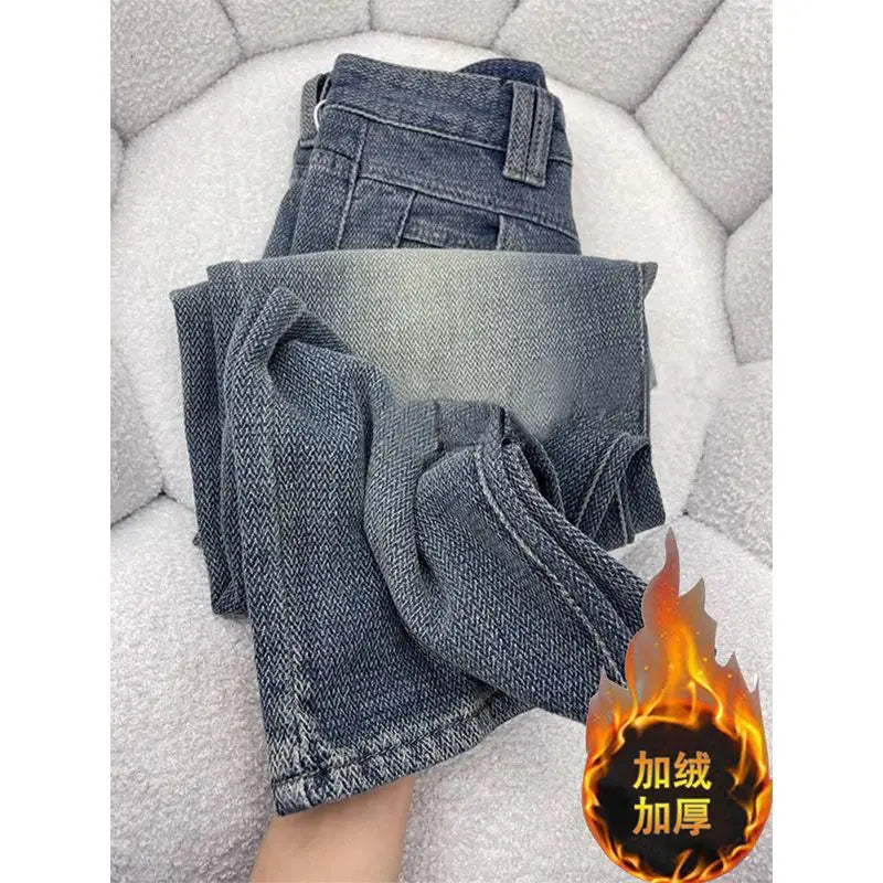 Wide Leg Jeans Women Plus Velvet Thicker Warm Vintage High Waist Casual Autumn Winter Streetwear Fashion Teens Personality Ins