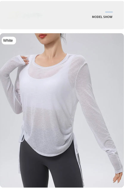 Thin Sunscreen Clothes Yoga Loose Top Drawstring Long Sleeve T-shirt Women's Gym Outdoor Exercise Clothing