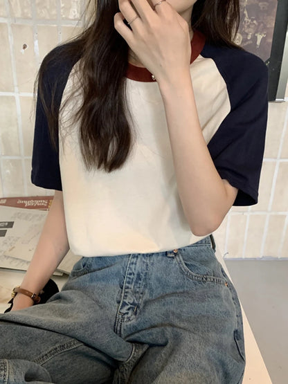 Summer Tops for Women Tshirt Turn Down Collar Short Sleeve Beige Blue Chic Y2k Fashion Patchwork 2026 T Shirts