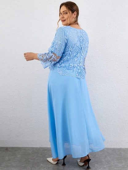 5XL Plus Size Long Dresses Women Clothing Summer Embroidery Fake Two Piece Elegant Party Dress for Wedding Guest Church Dress