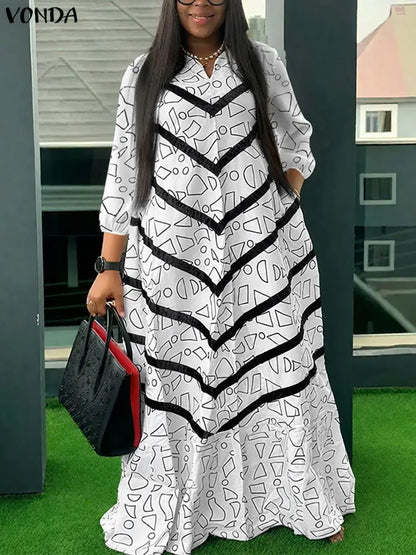 VONDA Plus Size Ruffled Women Bohemian Vestidos Autumn Long Maxi Robe Print Party Elegant 3/4 Sleeve Casual Loose Dress 5XL