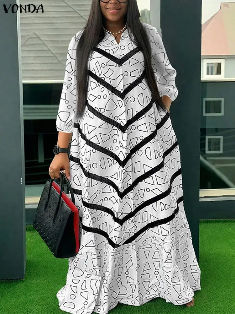 VONDA Plus Size Ruffled Women Bohemian Vestidos Autumn Long Maxi Robe Print Party Elegant 3/4 Sleeve Casual Loose Dress 5XL