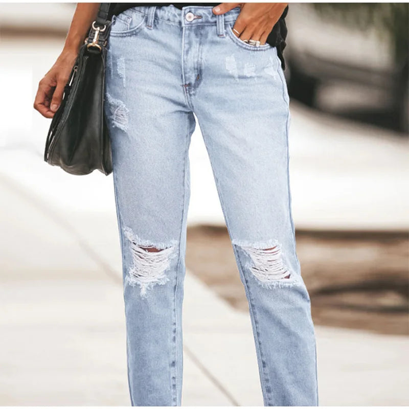 Casual Straight Jeans Women High Waisted Washed Skinny Ripped Slim Denim Pants 2025 Autumn Fashion Trend Commute Lady Trousers