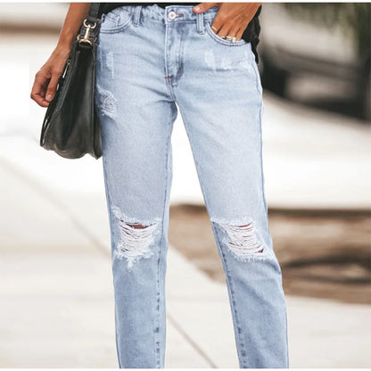 Casual Straight Jeans Women High Waisted Washed Skinny Ripped Slim Denim Pants 2025 Autumn Fashion Trend Commute Lady Trousers