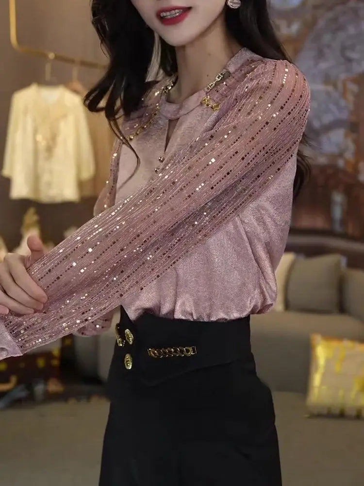 Women's High End Fashion Design with Unique and Shiny Pink Slimming and Versatile Light and Mature Top for Autumn Casual Tops