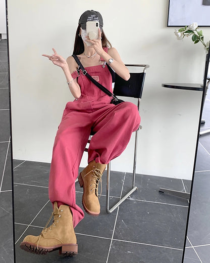 jeans womens 2025 Summer Style loose Girls Pink wide leg trousers jumpsuit korean casual denim overalls womens
