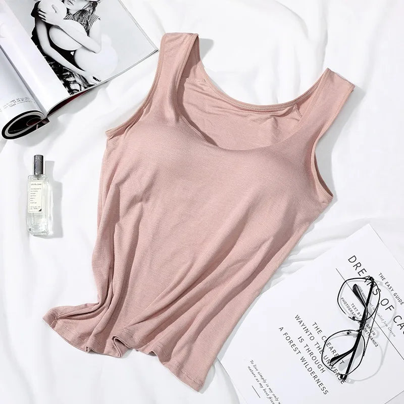 2023 Women's Vest Tops with Built In Bra Neck Vest Solid Color Padded Slim Fit Tank Tops Sexy Shirts Feminino Casual Tank Tops