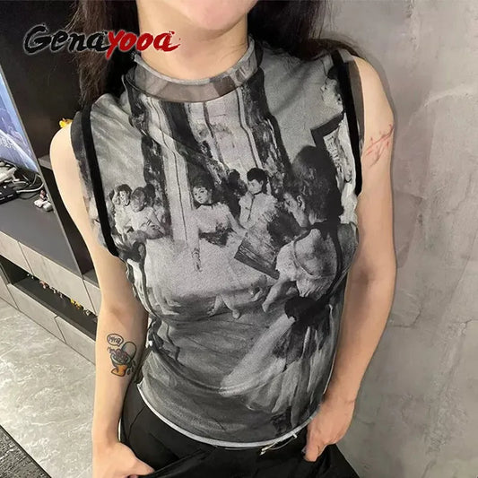 Genayooa Y2k Vintage Tank Tops Women Print Mesh Tops See Through Streetwear Sleeveless Tops Patchwork 2000s Japanese Tee Tops