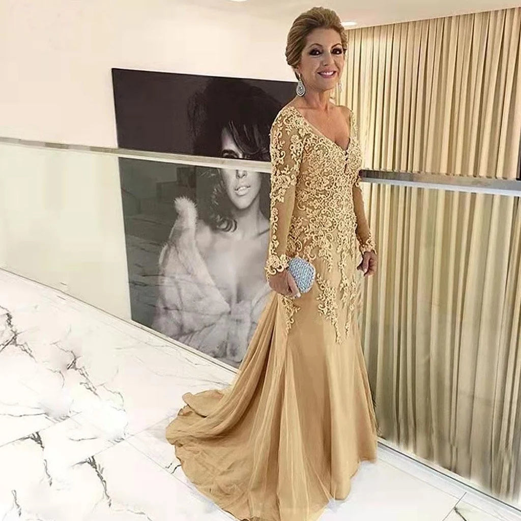 Gold Purple Mother Of The Bride Dresses Mermaid Long Sleeves Applique V Neck Wedding Formal Party Mother Evening Dresses New