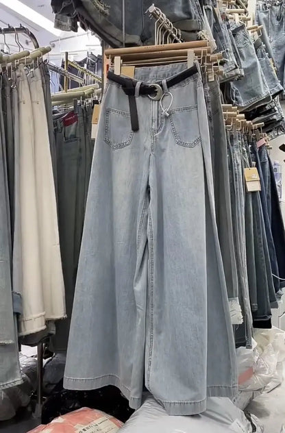 Wide-leg Jeans Women's Summer Thin 2024 New High-waisted Slimming Big Horn Loose Draping Mop Trouser Skirt Tide Women's Clothing