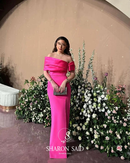 Sharon Said Elegant Off Shoulder Pink Dubai Evening Dress with High Side Slit for Women Wedding Party Gown SF108 Customized