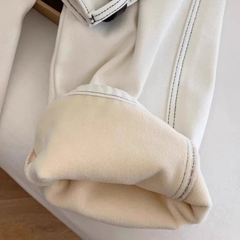 2025 Women's White Jeans High Waist Heart Embroidery Denim Pants Belted Casual Slim Fit Female Fashion Trousers