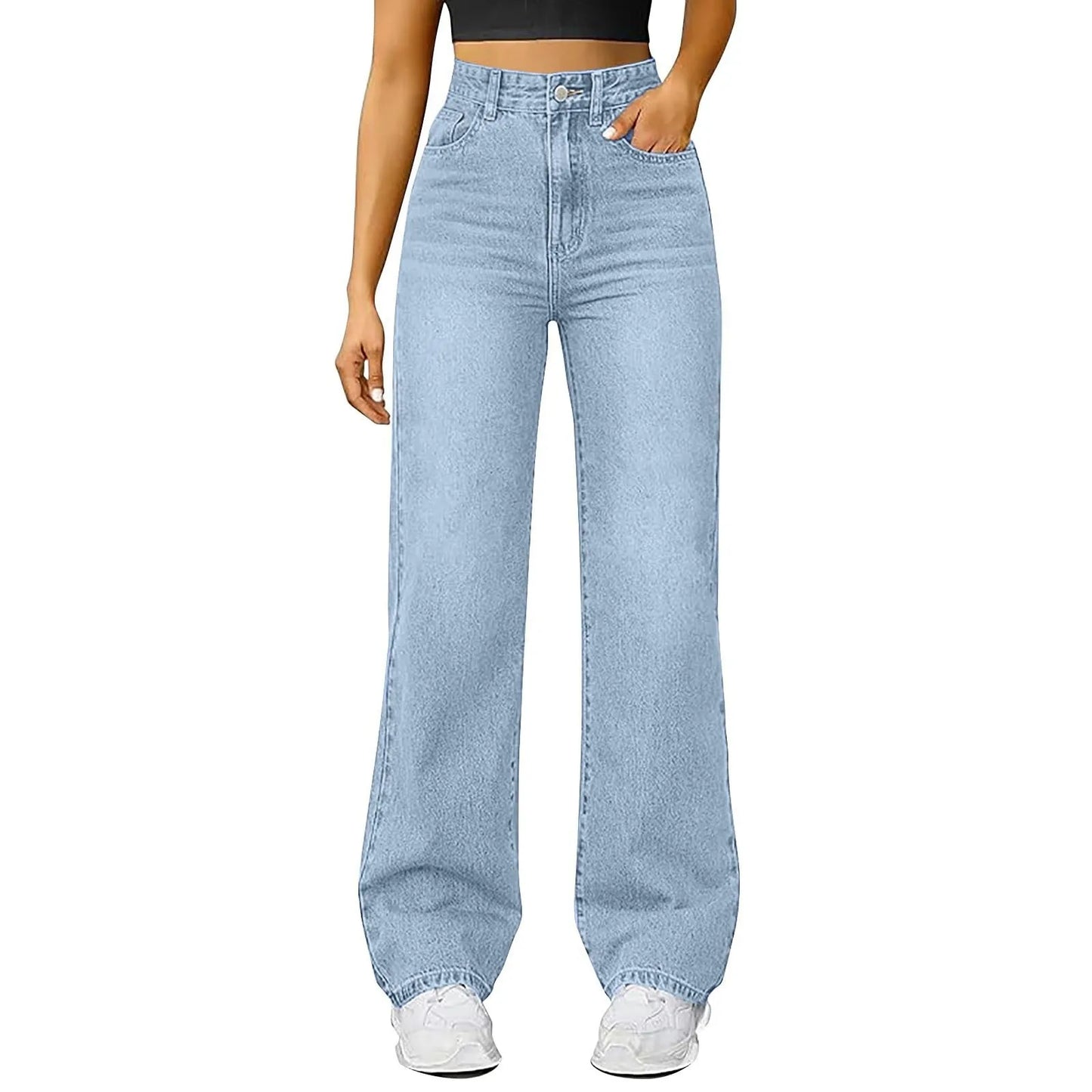 Women'S Straight Jeans Solid Color Distressed High Waist Design Retro Trousers American Hot Girl Style Pants Daily Street Wear