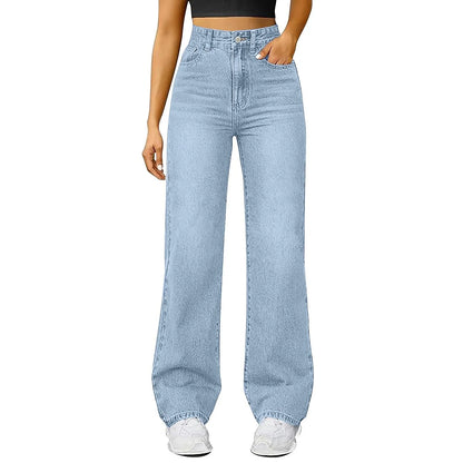 Women'S Straight Jeans Solid Color Distressed High Waist Design Retro Trousers American Hot Girl Style Pants Daily Street Wear