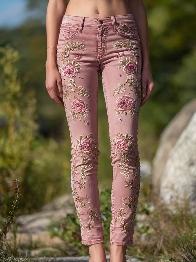 Women's Fashion Casual 3D Floral Print Straight Jeans Denim Bottoms