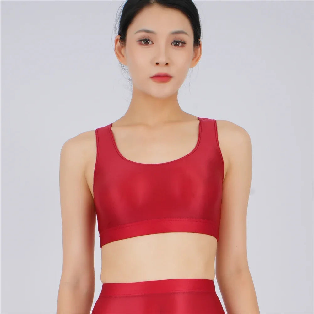 Women's Yoga Fitness Tops Sexy Candy Color UltraShort Crop Fashion Vest V Neck Oil Glossy Silky Smooth Elastic Tight Tanks Tees
