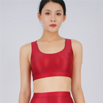 Women's Yoga Fitness Tops Sexy Candy Color UltraShort Crop Fashion Vest V Neck Oil Glossy Silky Smooth Elastic Tight Tanks Tees