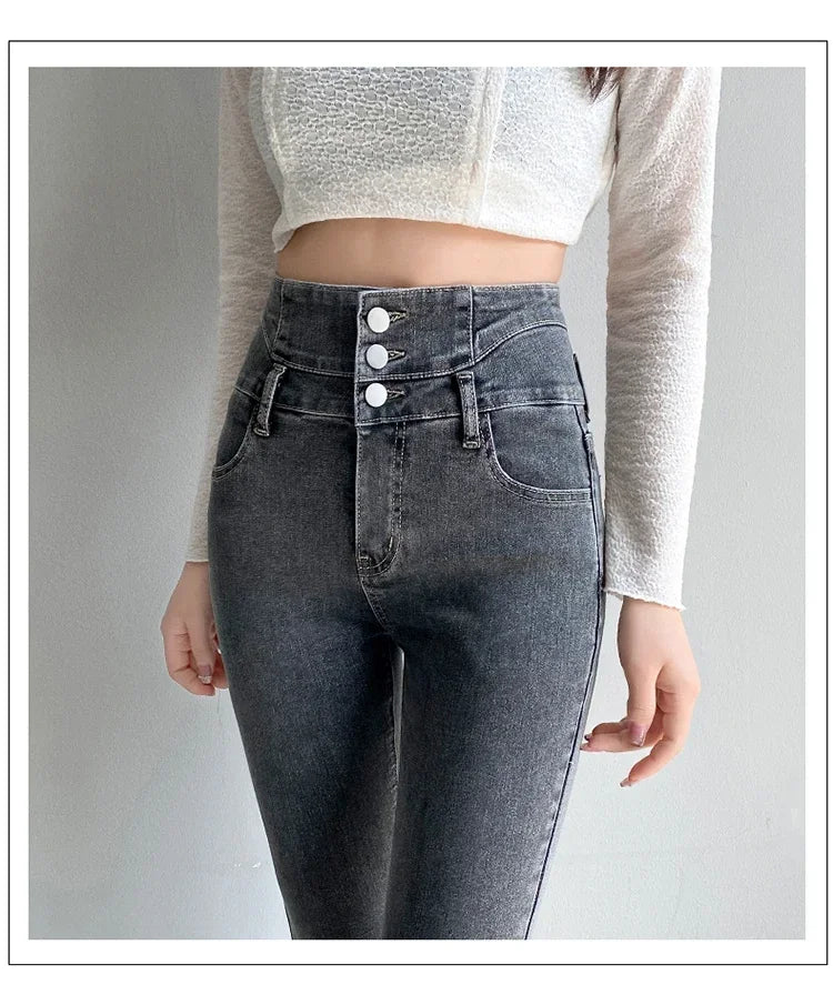 New Women's High Waist Stretch Jeans Blue Black Gray Fashionable and Versatile Multi-button Popular Slim Denim Long Pants Female