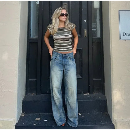 Women's Vintage Baggy Jeans High-Waisted Wide Leg Denim Pants with Back Wing Print Washed Y2K Streetwear 2025 Spring Summer Chic