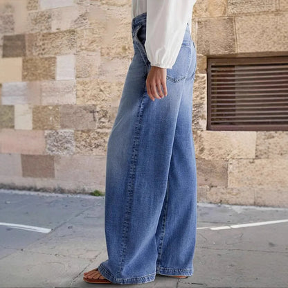 Jeans Women Wide Leg Pants Streetwear Floor Length High Waist Vintage Distressed Washed Embroidery Pockets Denims Trousers