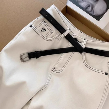 2025 Women's White Jeans High Waist Heart Embroidery Denim Pants Belted Casual Slim Fit Female Fashion Trousers