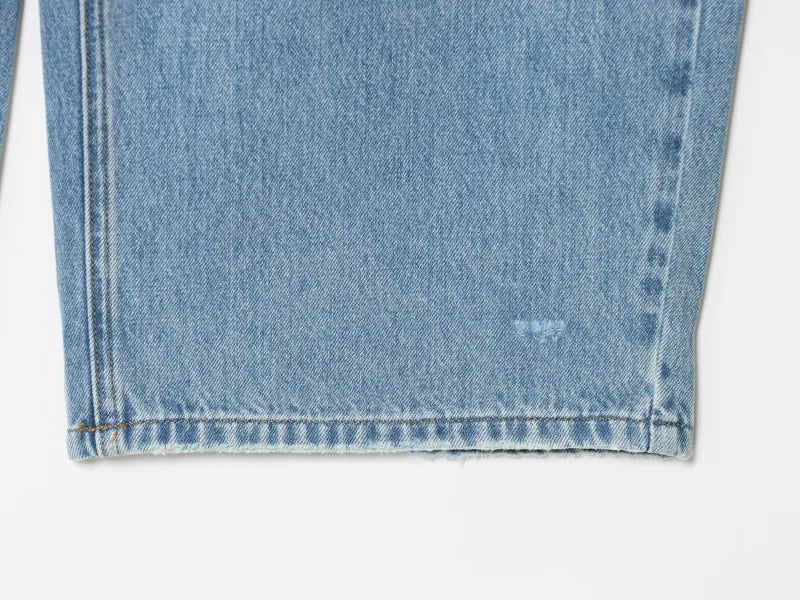 ETJ 2025 women's new street fashion fold waist mid waist washed ripped jeans loose version of the floor-length pants