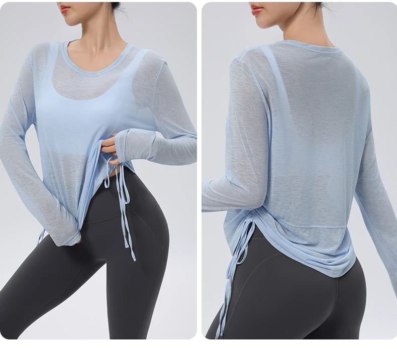 Thin Sunscreen Clothes Yoga Loose Top Drawstring Long Sleeve T-shirt Women's Gym Outdoor Exercise Clothing