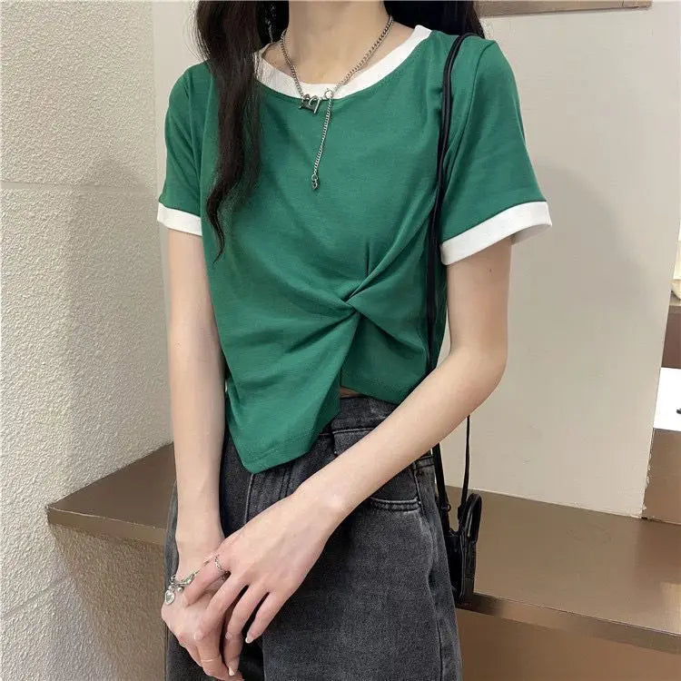 Women's Tops Trendy French Niche Girls T-shirts Chic Irregular Splicing Contrasting Colors Korean Style Modification Ins Style