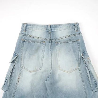 Women's jeans 2025 Winter new low waisted slim fit pure cotton wide leg pants Retro ripped cargo pants Multi pocket denim pants